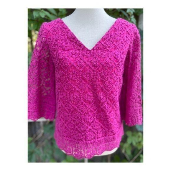 Vintage Crotchet Lace Fuschia Top Shirt 3/4 Sleeve - Picture 10 of 15